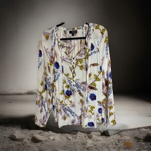 ANA Boho Floral Peasant Blouse Womens 3X Button Front Long Sleeve Top